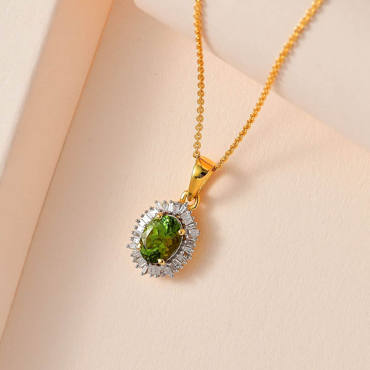 AAA Natural Calabar Green Tourmaline and Diamond Halo Pendant Necklace 20 Inches in Vermeil Yellow Gold Over Sterling Silver 1.15 ctw image number 1