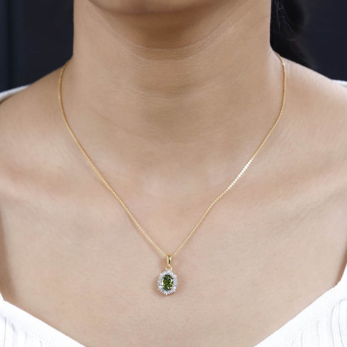 AAA Natural Calabar Green Tourmaline and Diamond Halo Pendant Necklace 20 Inches in Vermeil Yellow Gold Over Sterling Silver 1.15 ctw image number 2