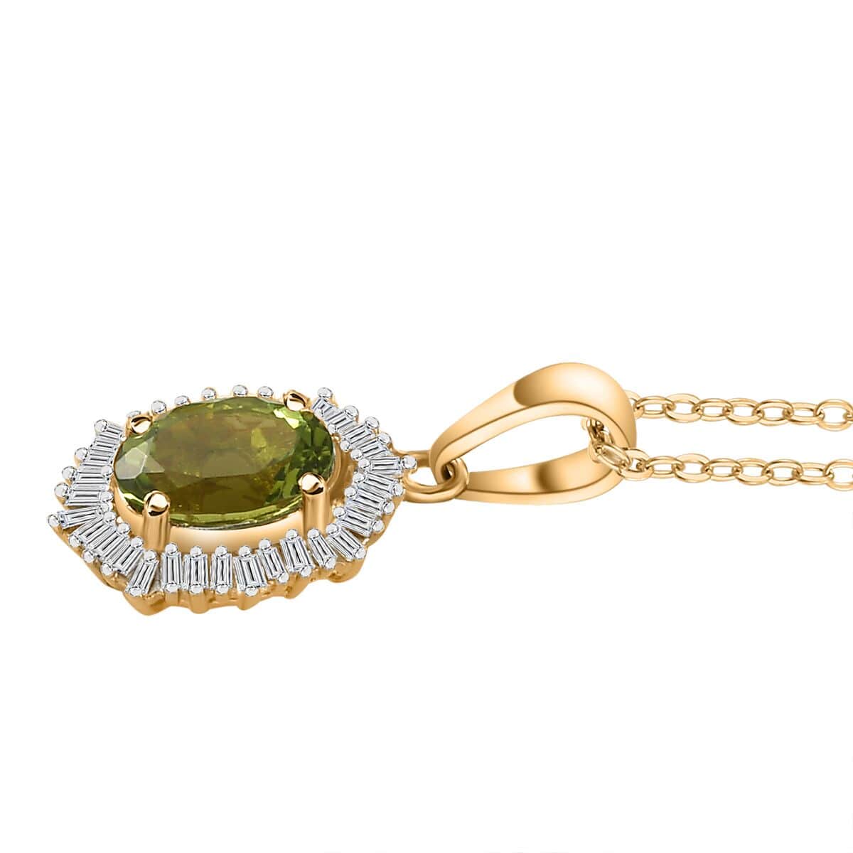 AAA Natural Calabar Green Tourmaline and Diamond Halo Pendant Necklace 20 Inches in Vermeil Yellow Gold Over Sterling Silver 1.15 ctw image number 3