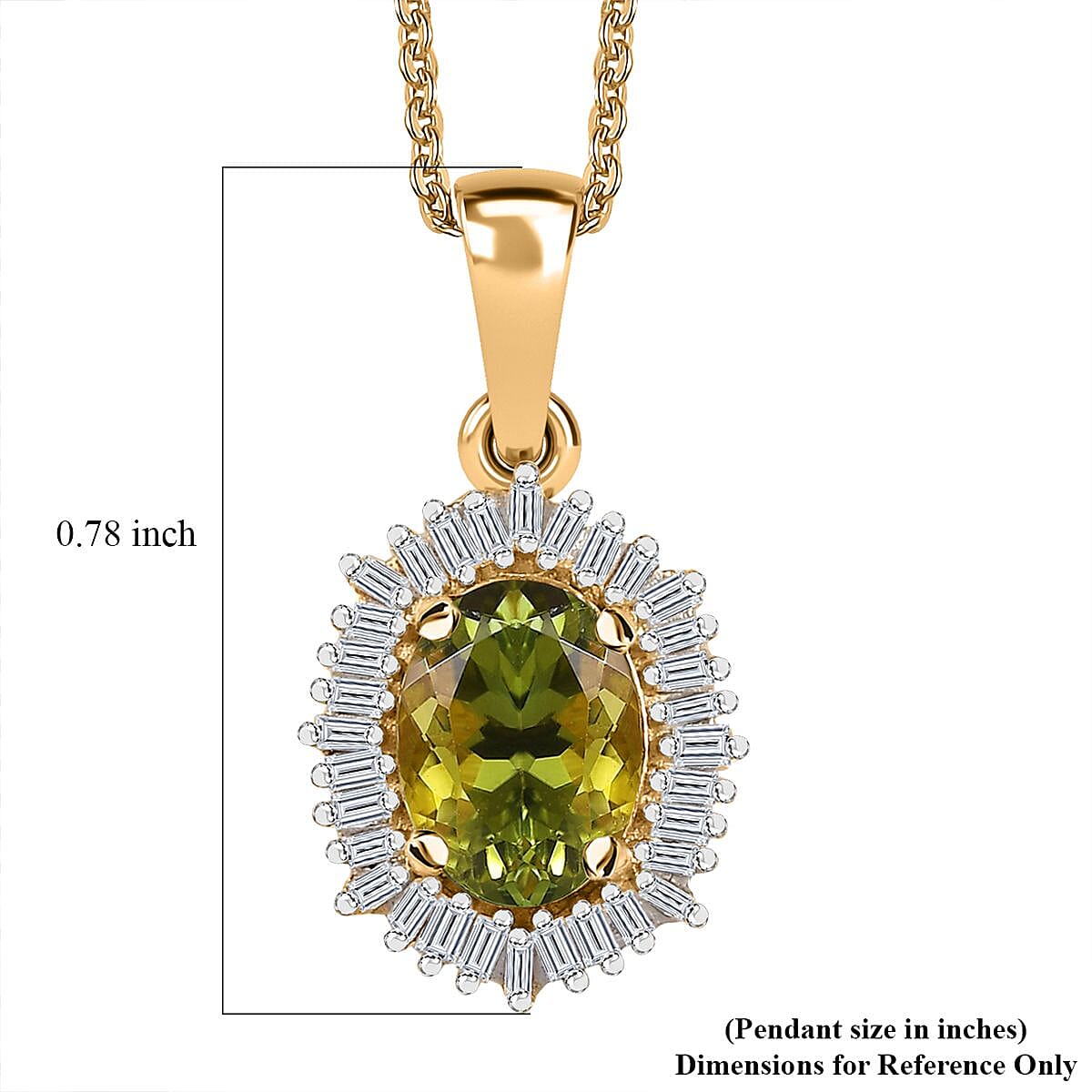 AAA Natural Calabar Green Tourmaline and Diamond Halo Pendant Necklace 20 Inches in Vermeil Yellow Gold Over Sterling Silver 1.15 ctw