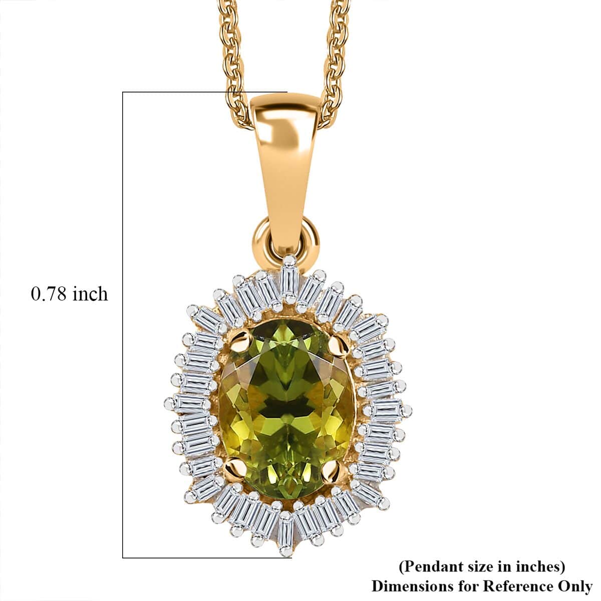 AAA Natural Calabar Green Tourmaline and Diamond Halo Pendant Necklace 20 Inches in Vermeil Yellow Gold Over Sterling Silver 1.15 ctw image number 5