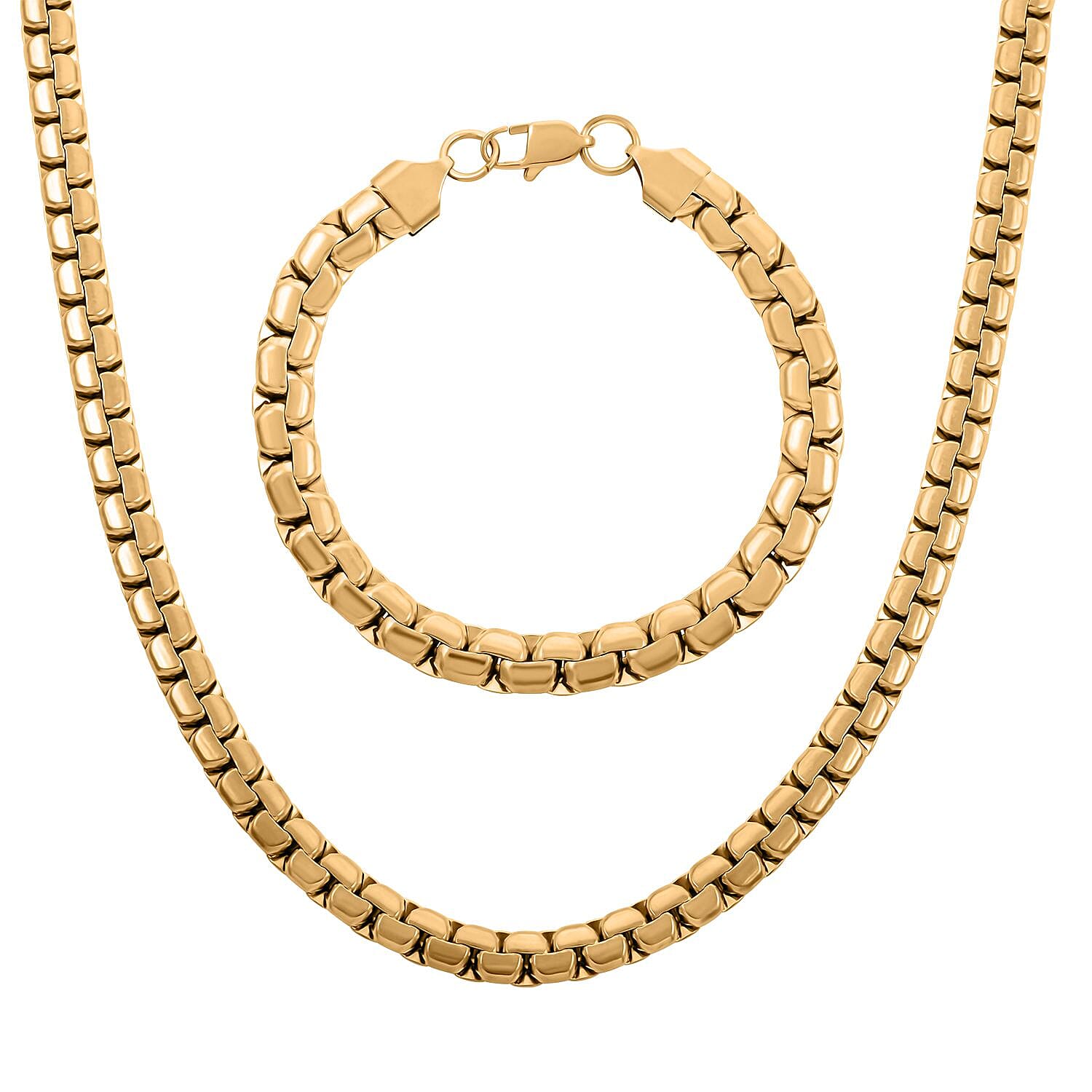 Box Chain Bracelet (7.25In) and Necklace 20 Inches in ION Plated YG Stainless Steel