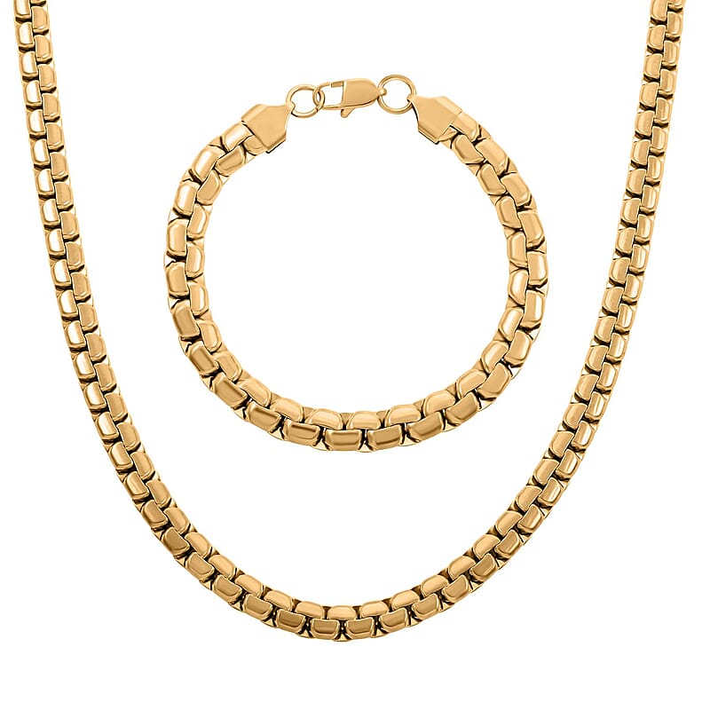 Box Chain Bracelet (7.25In) and Necklace 20 Inches in ION Plated YG Stainless Steel