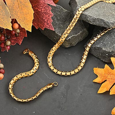 Box Chain Bracelet (7.25In) and Necklace 20 Inches in ION Plated YG Stainless Steel