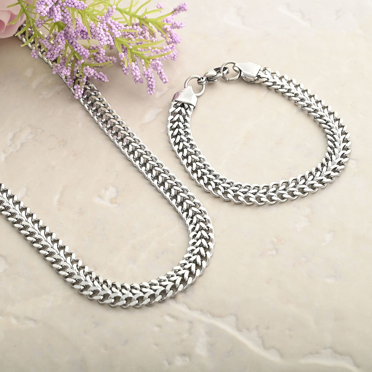Double Row Curb Chain Bracelet (7.50In) and Necklace 20 Inches in Stainless Steel