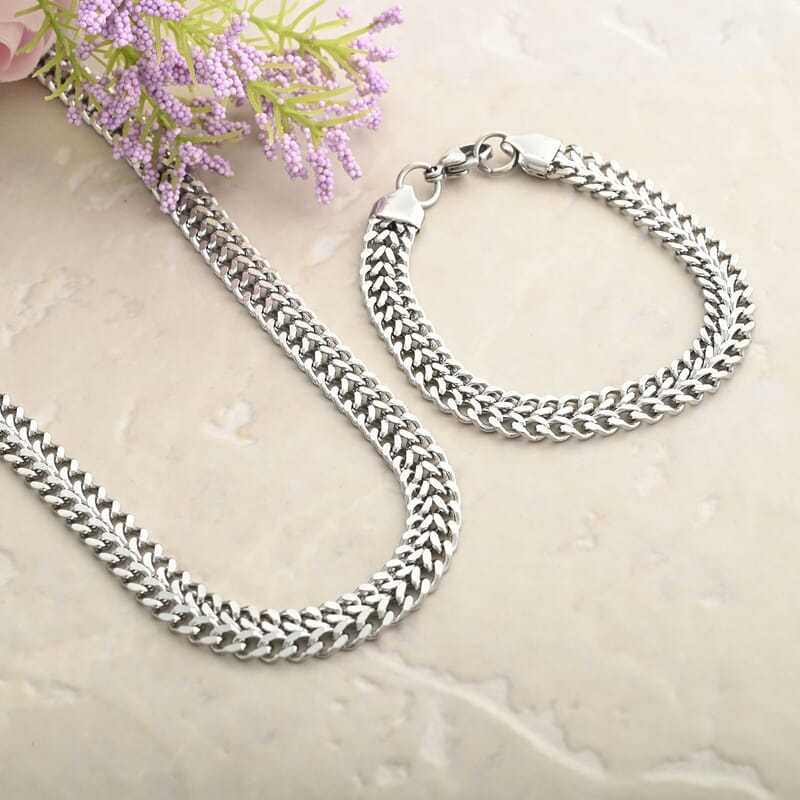 Double Row Curb Chain Bracelet (7.50In) and Necklace 20 Inches in Stainless Steel