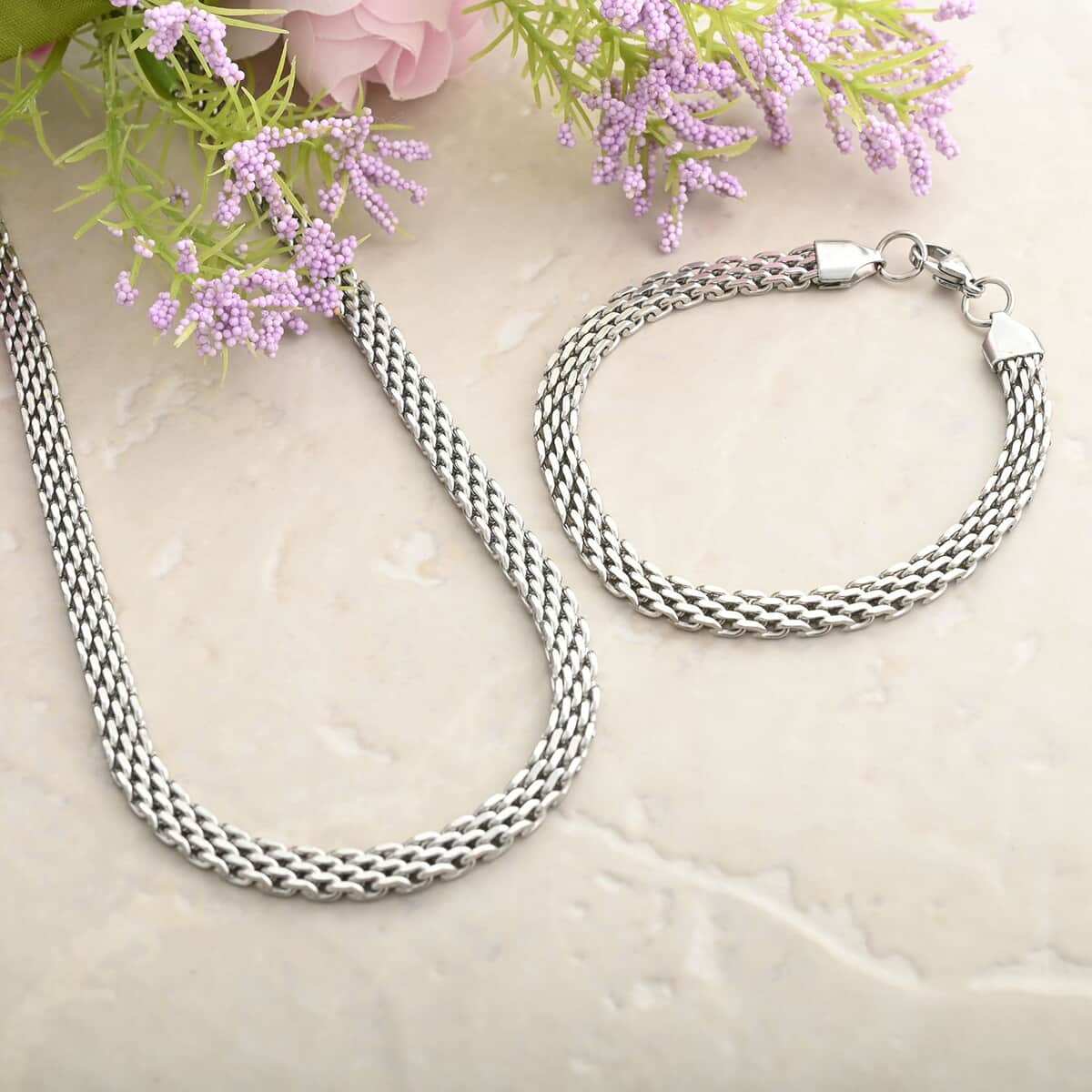 Mesh Chain Bracelet (7.50In) and Necklace 20 Inches in Stainless Steel image number 1