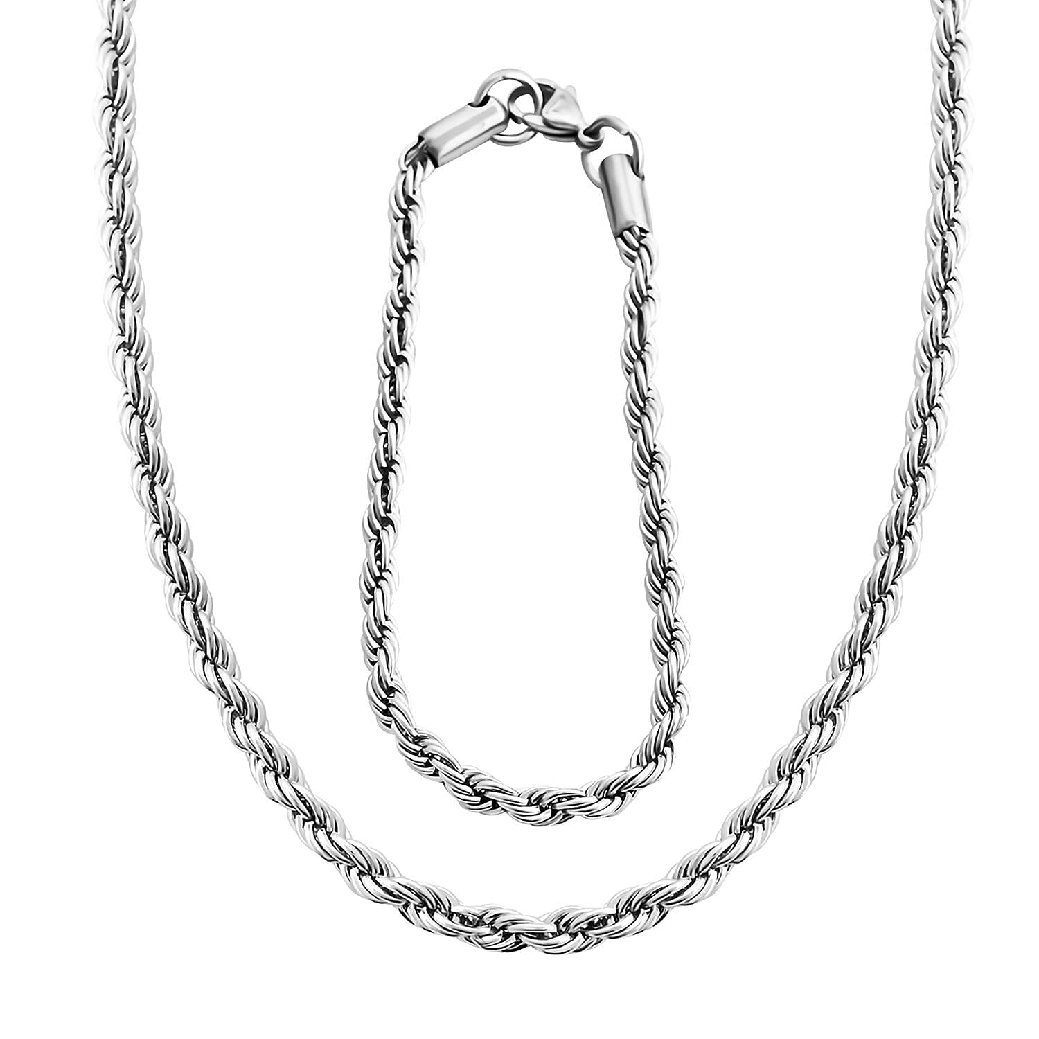 Stainless Steel Rope Chain Bracelet (7.50In) and Necklace 20 Inches