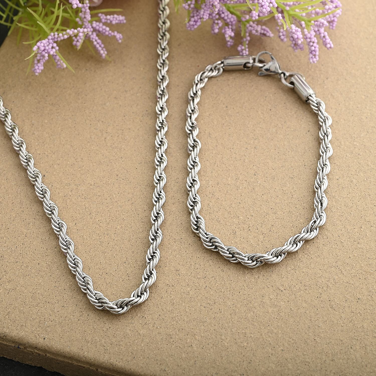 Stainless Steel Rope Chain Bracelet (7.50In) and Necklace 20 Inches