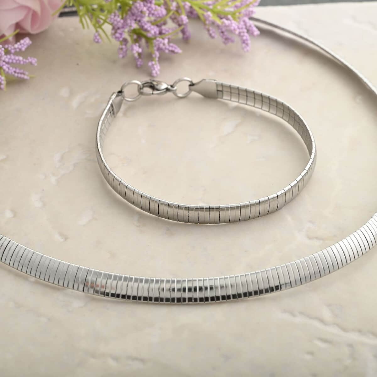Omega Chain Bracelet (7.50In) and Necklace 20 Inches in Stainless Steel image number 1