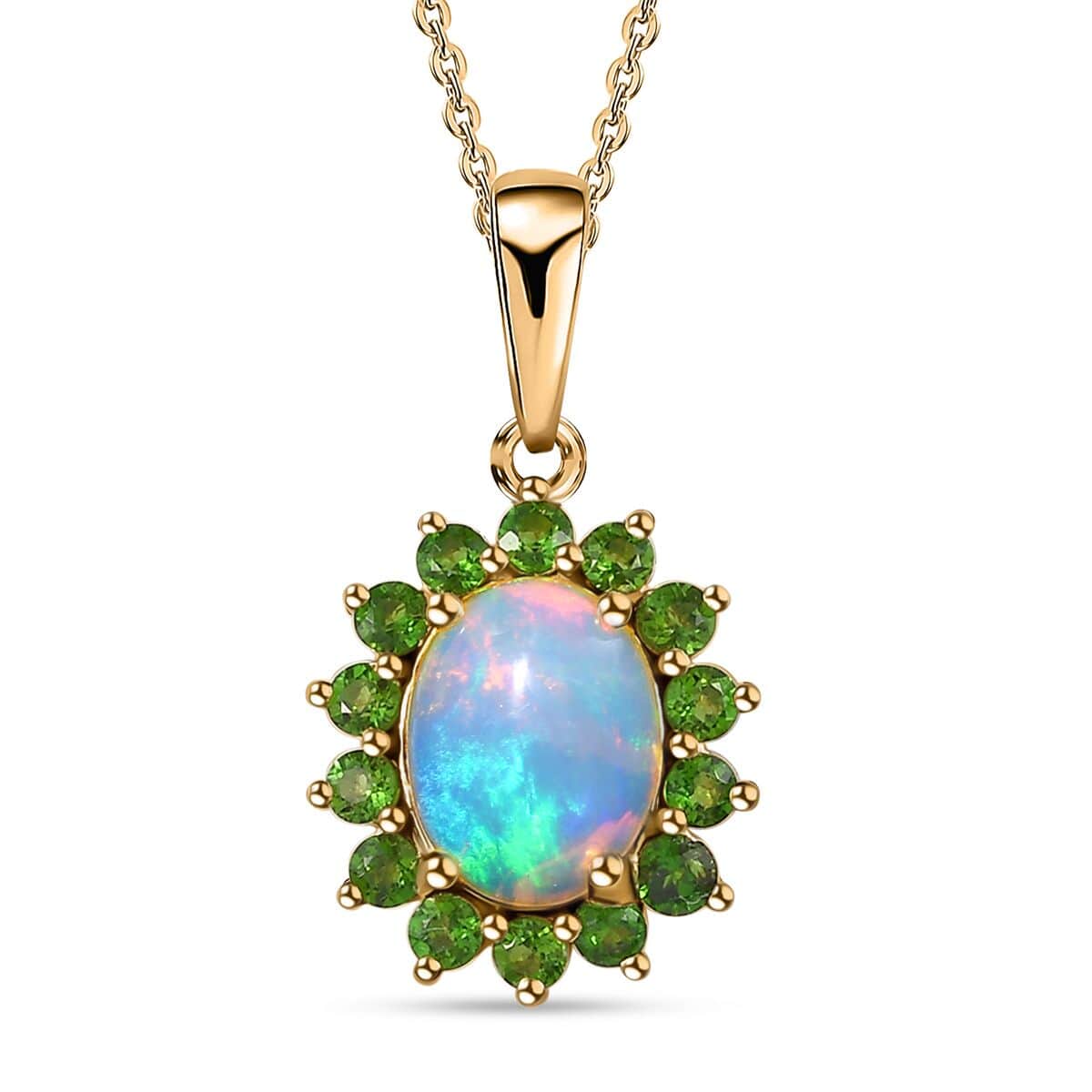 Bali Legacy Ethiopian Welo Opal and Chrome Diopside Sunburst Pendant Necklace 20 Inches in Vermeil Yellow Gold Over Sterling Silver 1.90 ctw image number 0