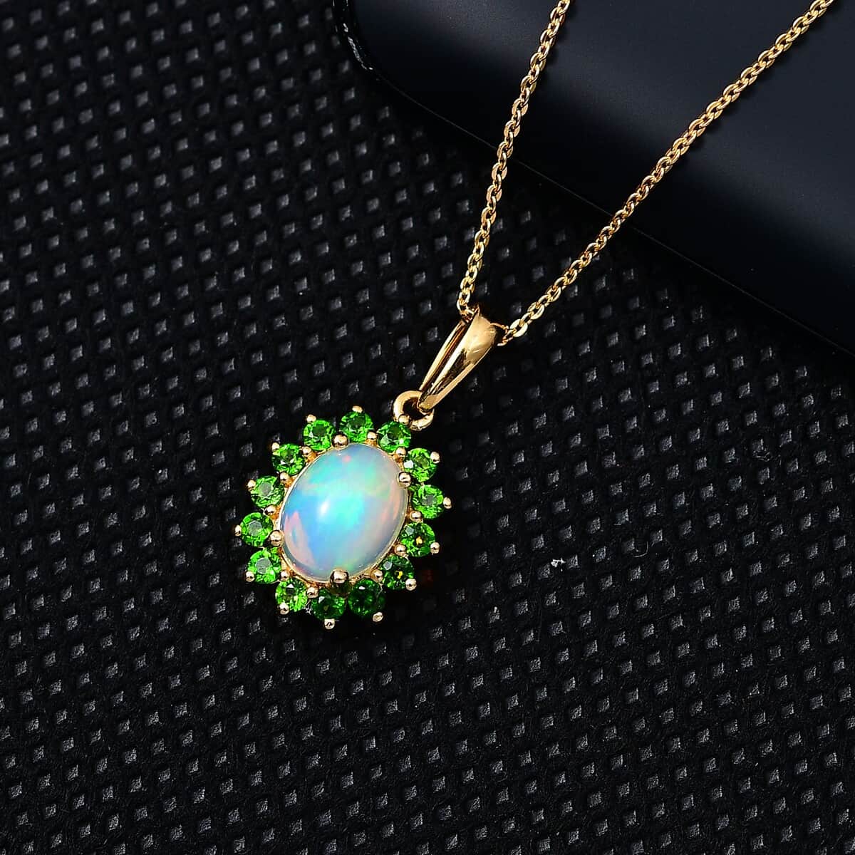 Bali Legacy Ethiopian Welo Opal and Chrome Diopside Sunburst Pendant Necklace 20 Inches in Vermeil Yellow Gold Over Sterling Silver 1.90 ctw image number 1