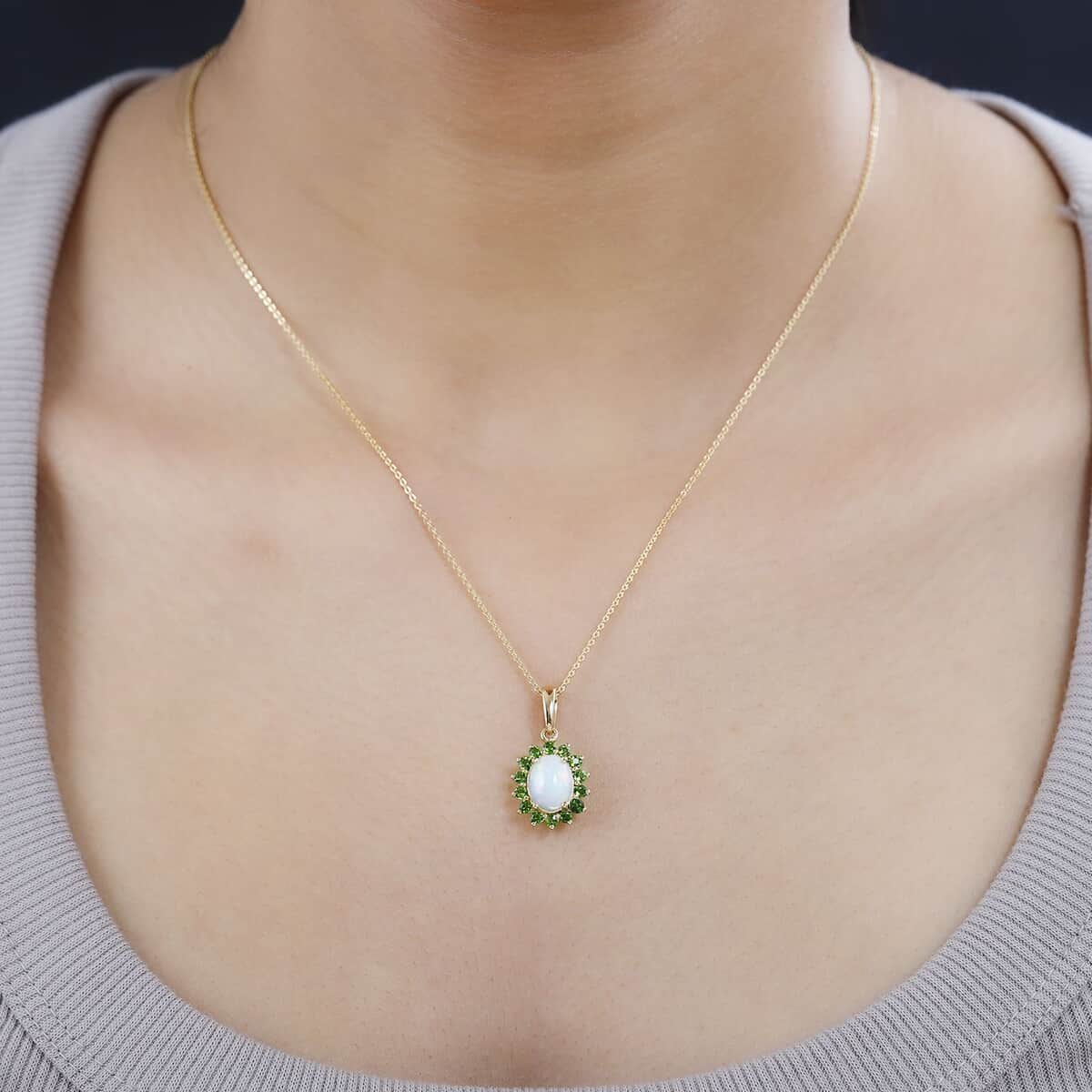 Bali Legacy Ethiopian Welo Opal and Chrome Diopside Sunburst Pendant Necklace 20 Inches in Vermeil Yellow Gold Over Sterling Silver 1.90 ctw image number 2