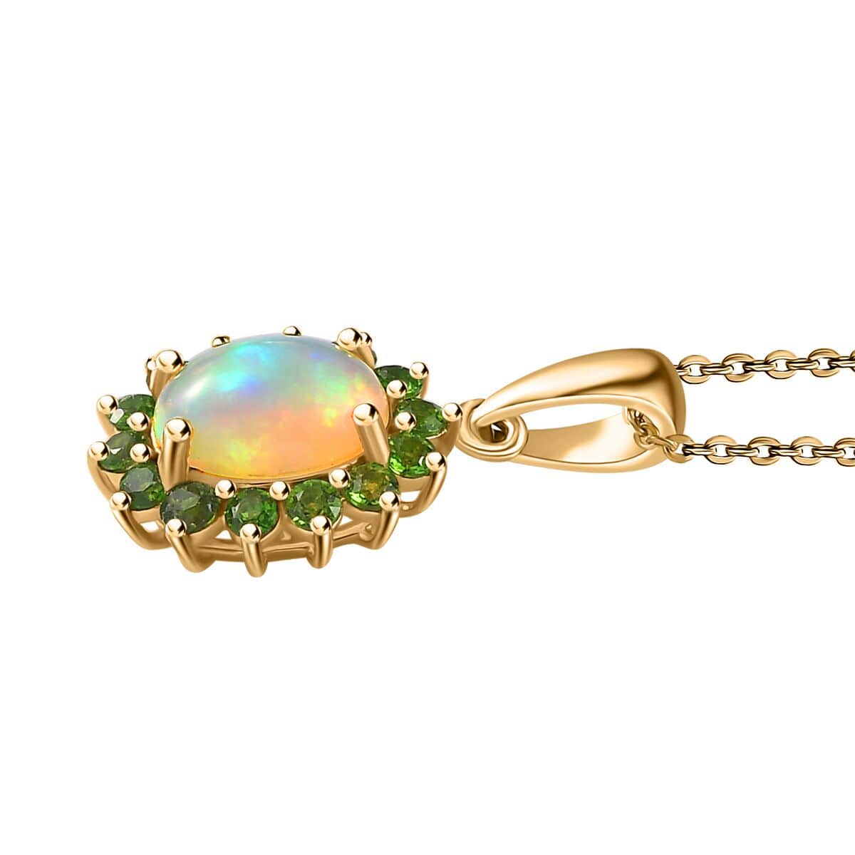 Bali Legacy Ethiopian Welo Opal and Chrome Diopside Sunburst Pendant Necklace 20 Inches in Vermeil Yellow Gold Over Sterling Silver 1.90 ctw image number 3