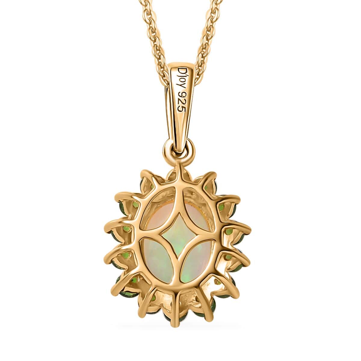 Bali Legacy Ethiopian Welo Opal and Chrome Diopside Sunburst Pendant Necklace 20 Inches in Vermeil Yellow Gold Over Sterling Silver 1.90 ctw image number 4