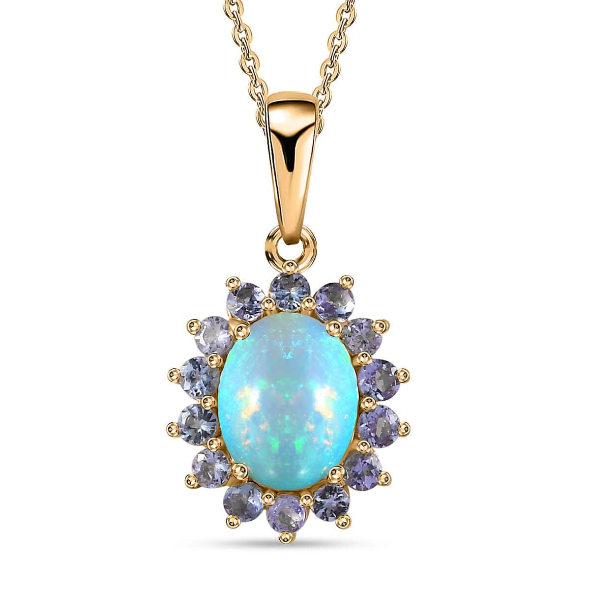 Ethiopian Welo Opal and Tanzanite Sunburst Pendant Necklace 20 Inches in Vermeil Yellow Gold Over Sterling Silver 1.85 ctw image number 0