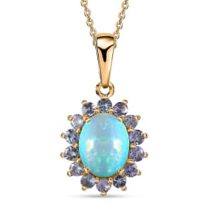 Ethiopian Welo Opal and Tanzanite Sunburst Pendant Necklace 20 Inches in Vermeil Yellow Gold Over Sterling Silver 1.85 ctw