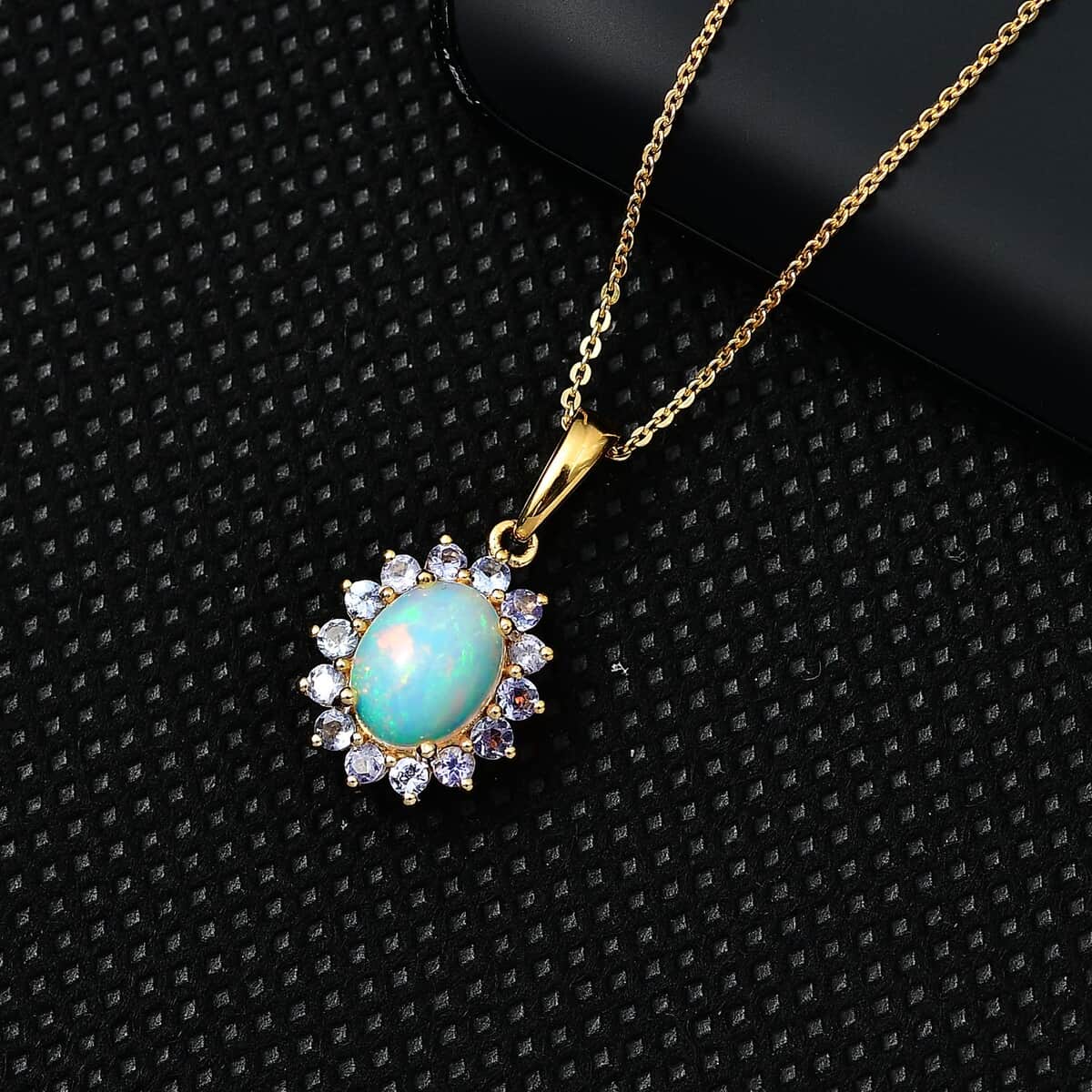 Ethiopian Welo Opal and Tanzanite Sunburst Pendant Necklace 20 Inches in Vermeil Yellow Gold Over Sterling Silver 1.85 ctw image number 1