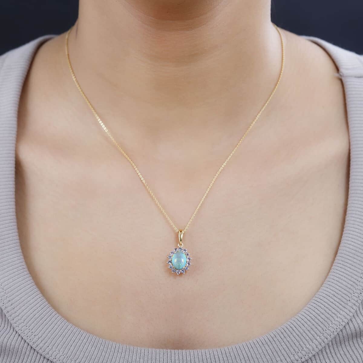 Ethiopian Welo Opal and Tanzanite Sunburst Pendant Necklace 20 Inches in Vermeil Yellow Gold Over Sterling Silver 1.85 ctw image number 2