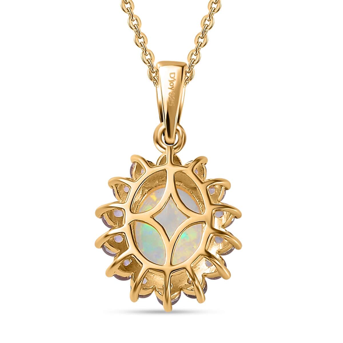 Ethiopian Welo Opal and Tanzanite Sunburst Pendant Necklace 20 Inches in Vermeil Yellow Gold Over Sterling Silver 1.85 ctw image number 4