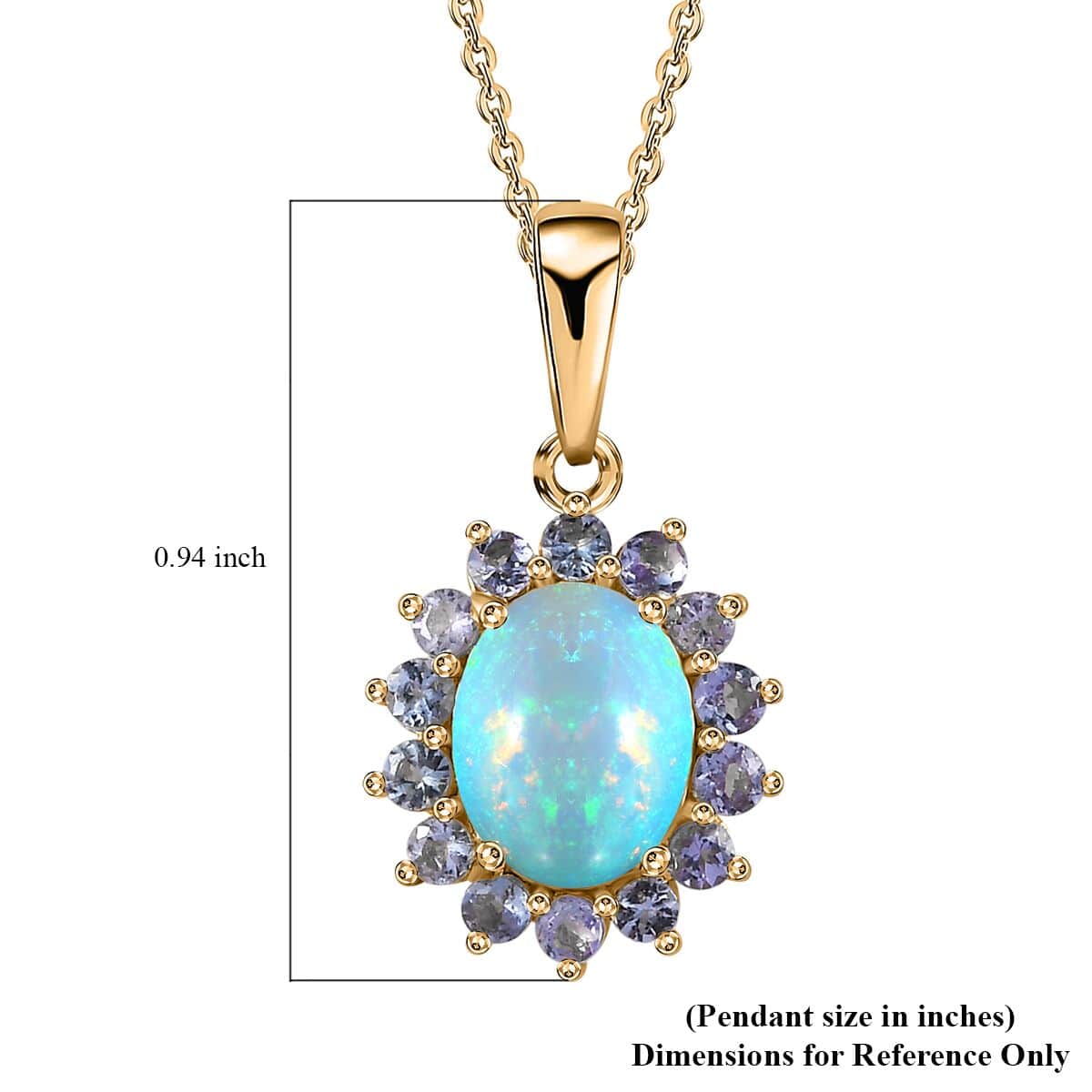 Ethiopian Welo Opal and Tanzanite Sunburst Pendant Necklace 20 Inches in Vermeil Yellow Gold Over Sterling Silver 1.85 ctw image number 6