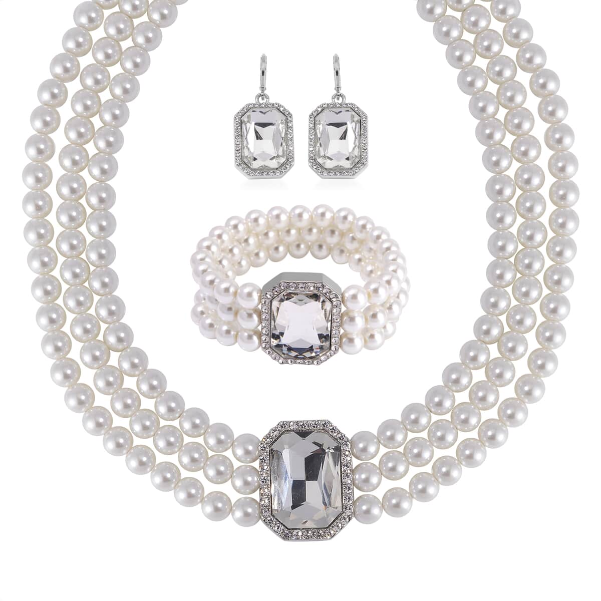 Simulated Quartz, Austrian Crystal and Simulated Pearl 3 Row Necklace 16-20 Inches, Stretch Bracelet and Earrings in Silvertone image number 0