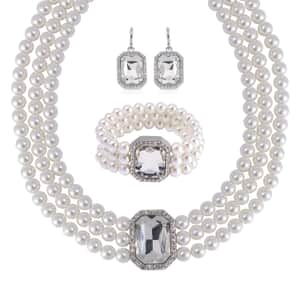 Simulated Quartz, Austrian Crystal and Simulated Pearl 3 Row Necklace 16-20 Inches, Stretch Bracelet and Earrings in Silvertone