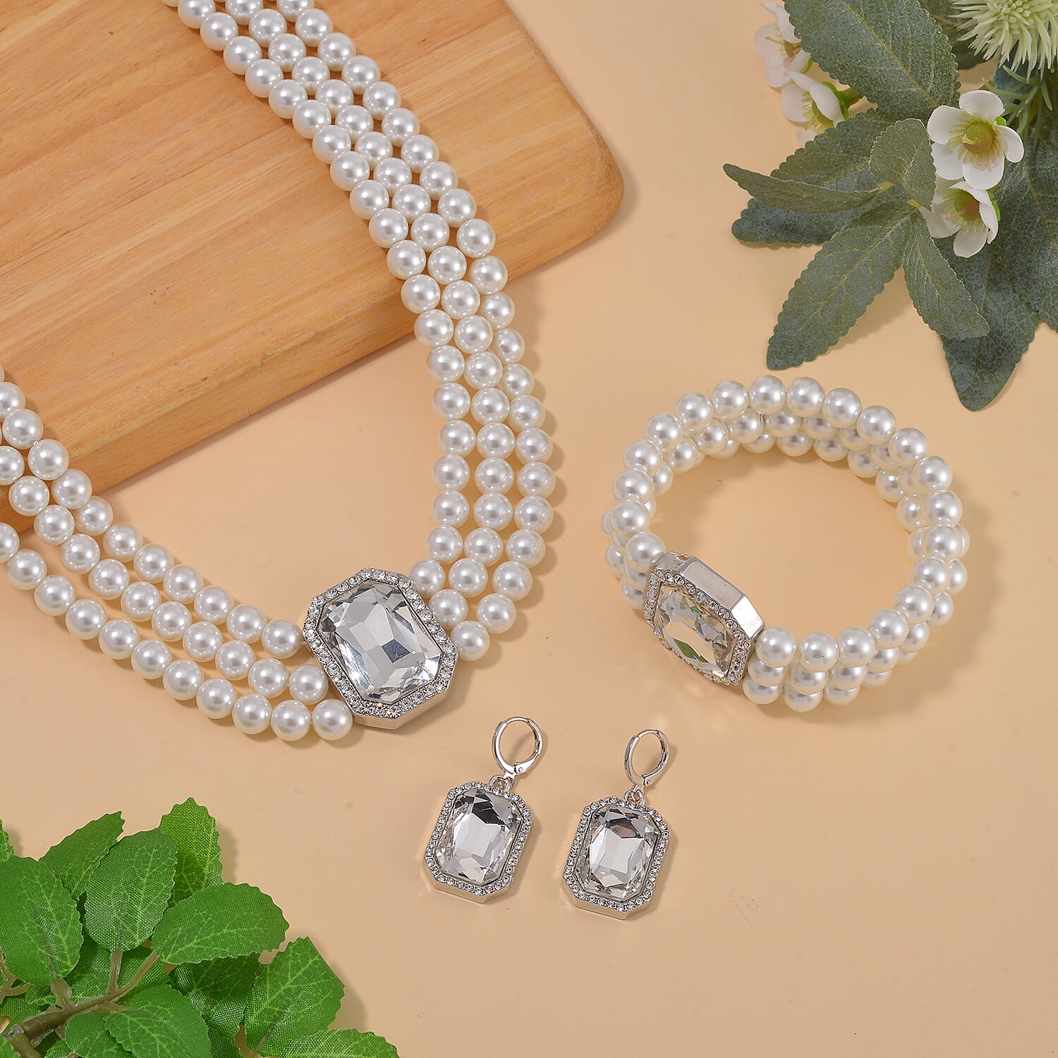 Simulated Quartz, Austrian Crystal and Simulated Pearl 3 Row Necklace 16-20 Inches, Stretch Bracelet and Earrings in Silvertone