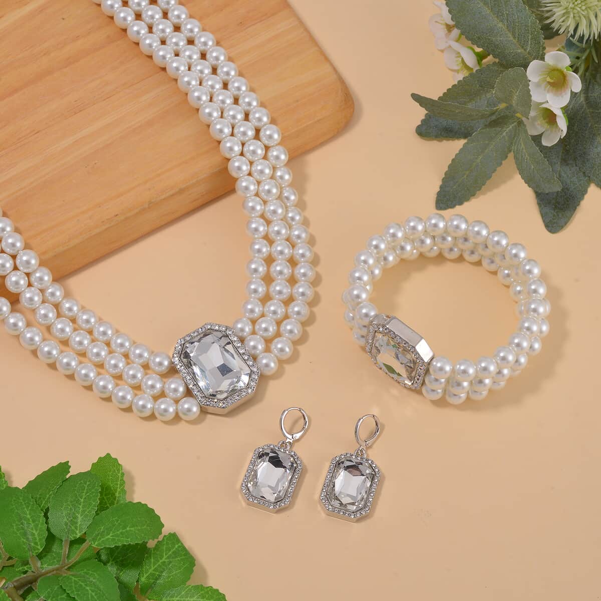 Simulated Quartz, Austrian Crystal and Simulated Pearl 3 Row Necklace 16-20 Inches, Stretch Bracelet and Earrings in Silvertone image number 1