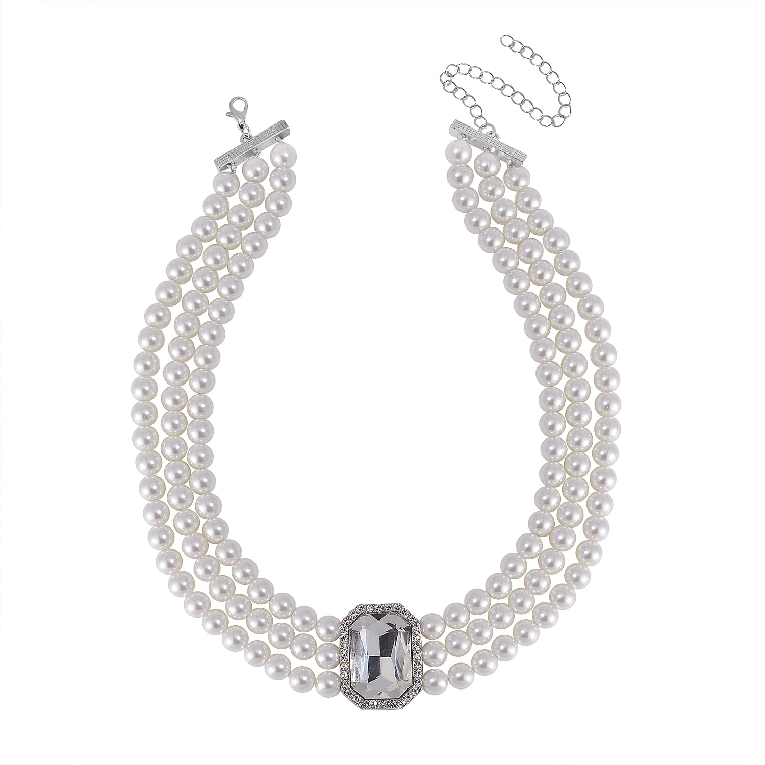 Simulated Quartz, Austrian Crystal and Simulated Pearl 3 Row Necklace 16-20 Inches, Stretch Bracelet and Earrings in Silvertone
