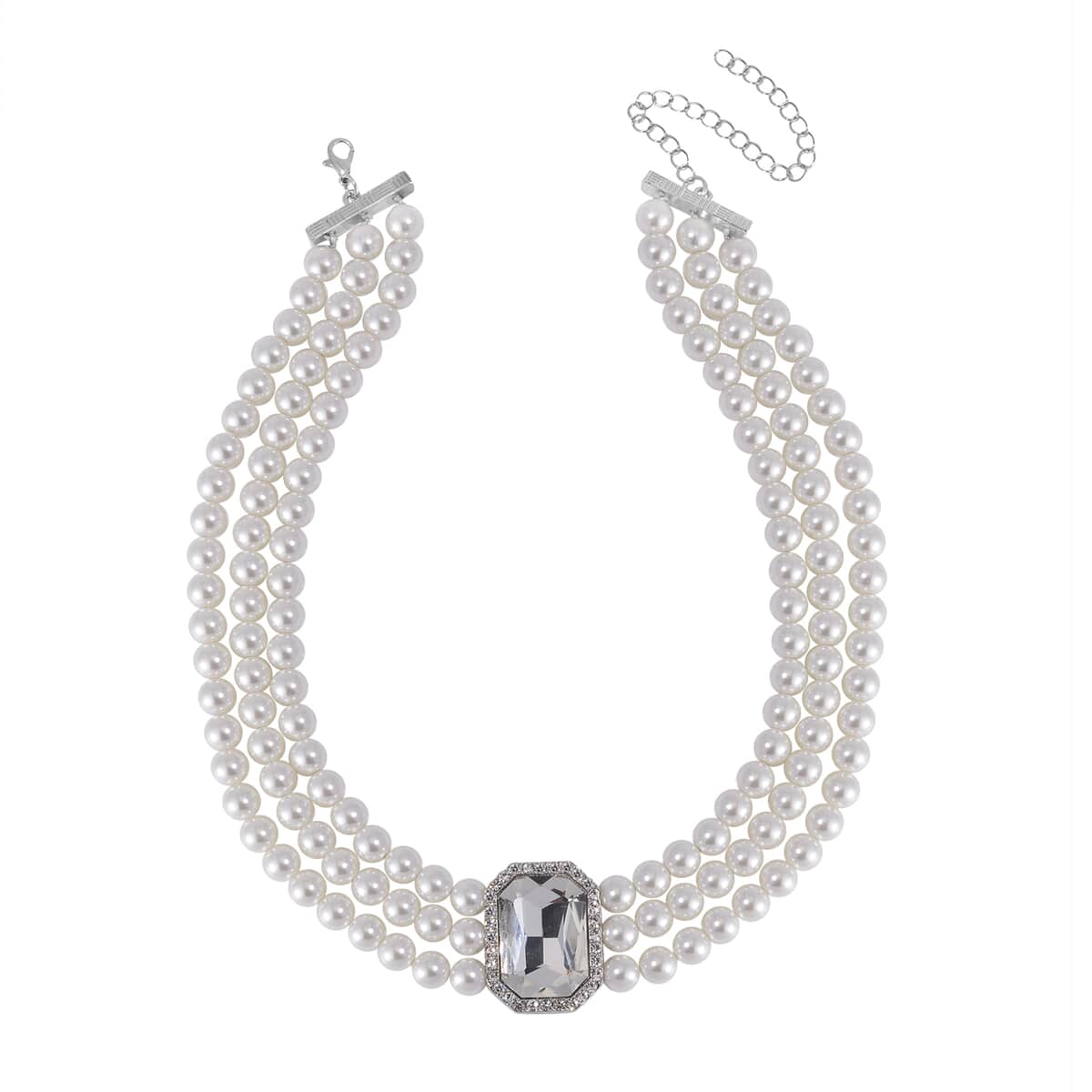 Simulated Quartz, Austrian Crystal and Simulated Pearl 3 Row Necklace 16-20 Inches, Stretch Bracelet and Earrings in Silvertone image number 2