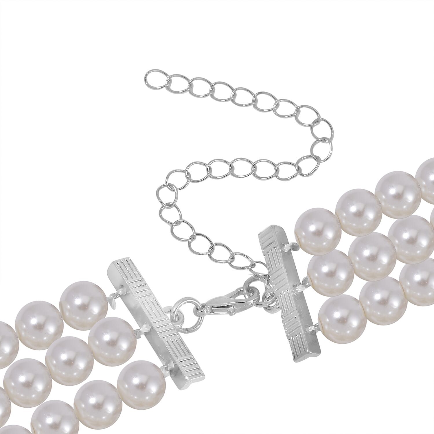 Simulated Quartz, Austrian Crystal and Simulated Pearl 3 Row Necklace 16-20 Inches, Stretch Bracelet and Earrings in Silvertone
