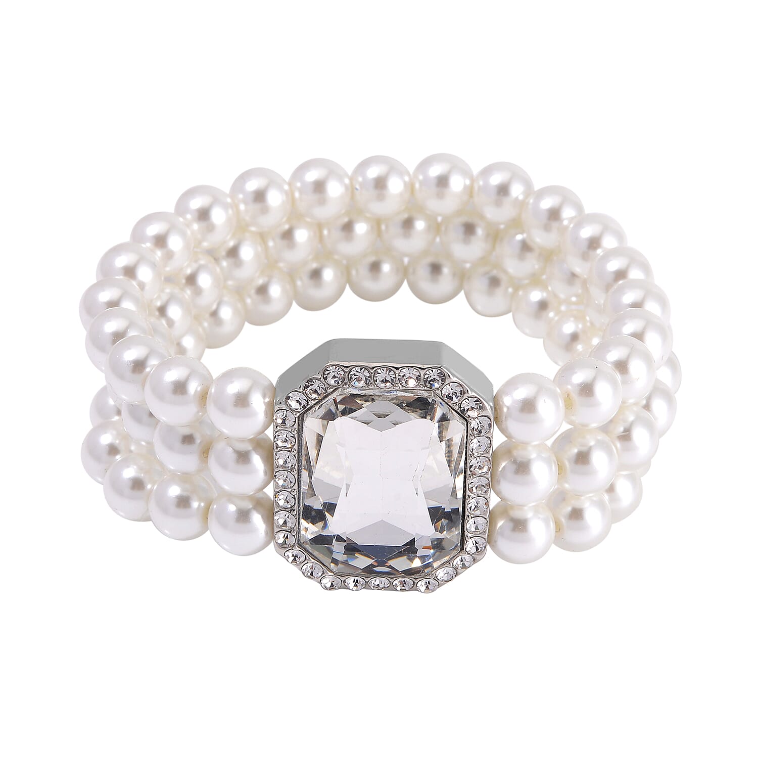 Simulated Quartz, Austrian Crystal and Simulated Pearl 3 Row Necklace 16-20 Inches, Stretch Bracelet and Earrings in Silvertone