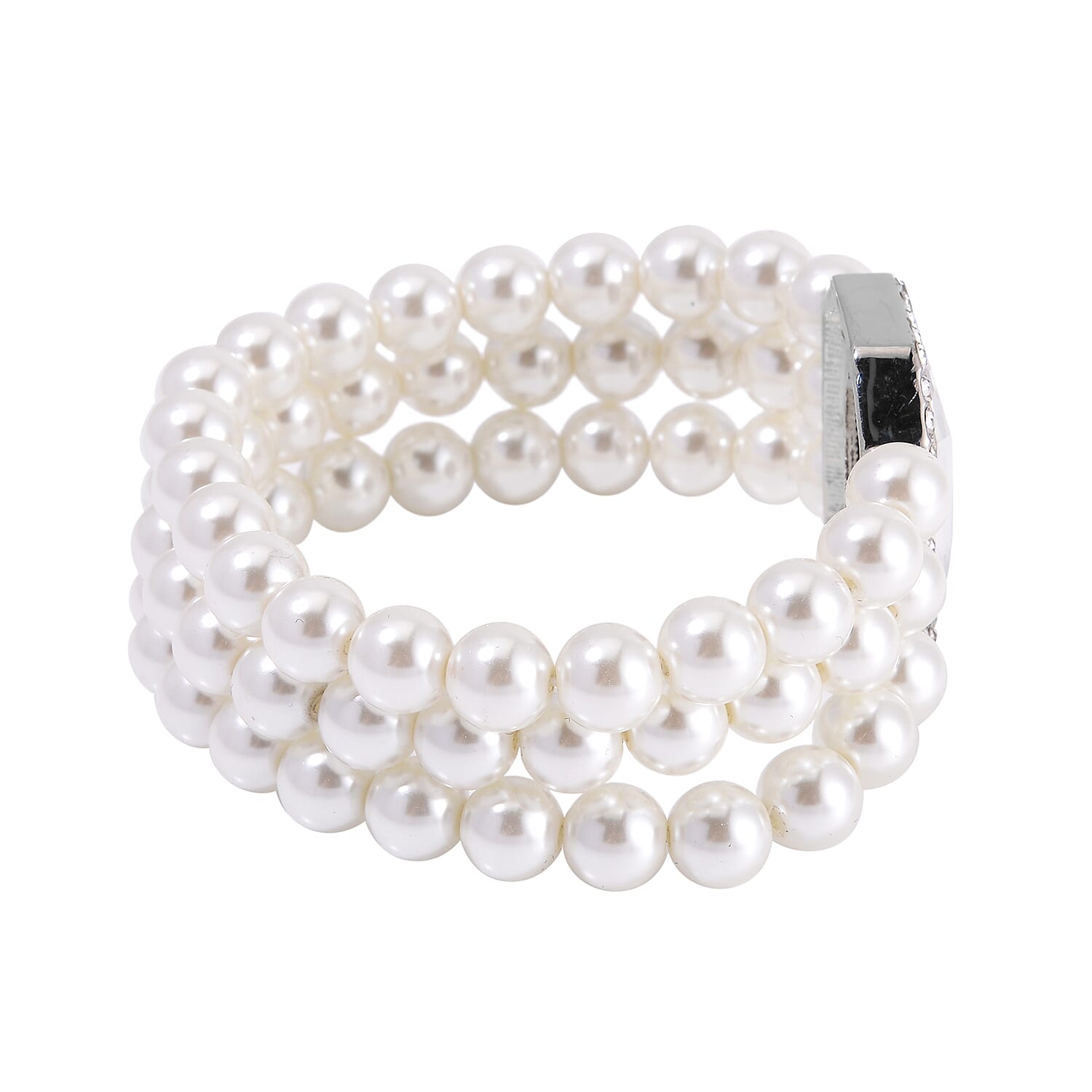 Simulated Quartz, Austrian Crystal and Simulated Pearl 3 Row Necklace 16-20 Inches, Stretch Bracelet and Earrings in Silvertone