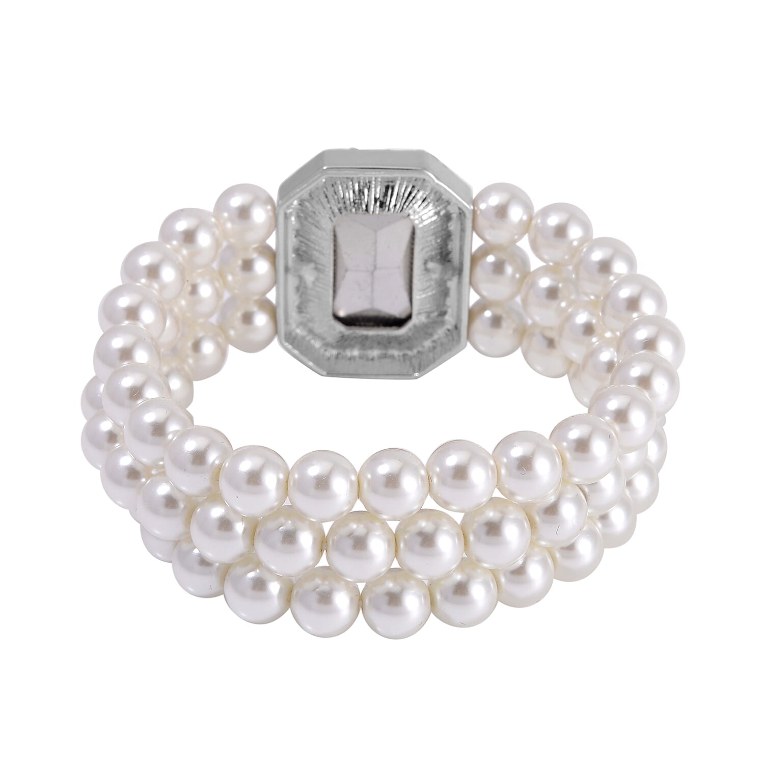Simulated Quartz, Austrian Crystal and Simulated Pearl 3 Row Necklace 16-20 Inches, Stretch Bracelet and Earrings in Silvertone