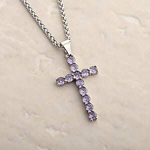 Simulated Purple Diamond Cross Pendant Necklace 20 Inches in Stainless Steel 3.25 ctw