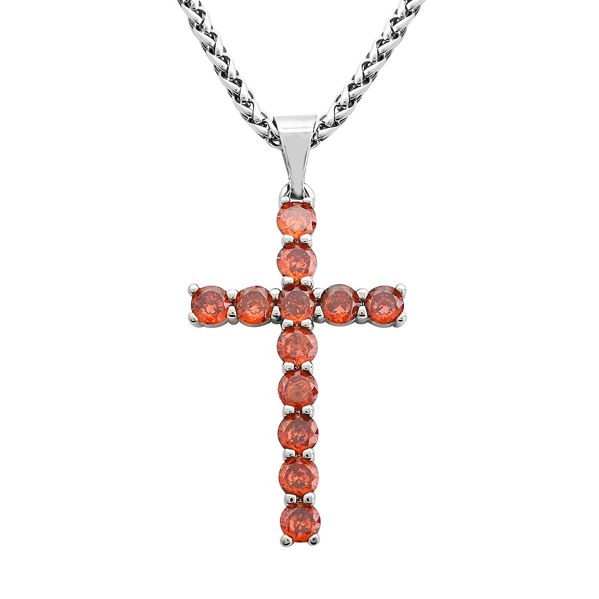 Simulated Orange Diamond Cross Pendant Necklace 20 Inches in Stainless Steel 3.25 ctw image number 0