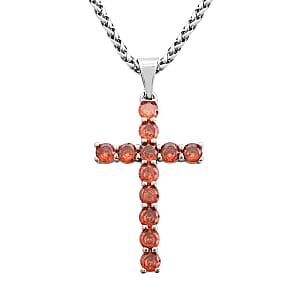 Simulated Orange Diamond Cross Pendant Necklace 20 Inches in Stainless Steel 3.25 ctw
