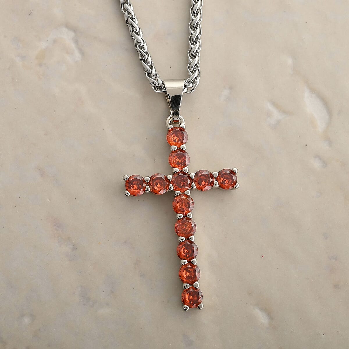 Simulated Orange Diamond Cross Pendant Necklace 20 Inches in Stainless Steel 3.25 ctw image number 1