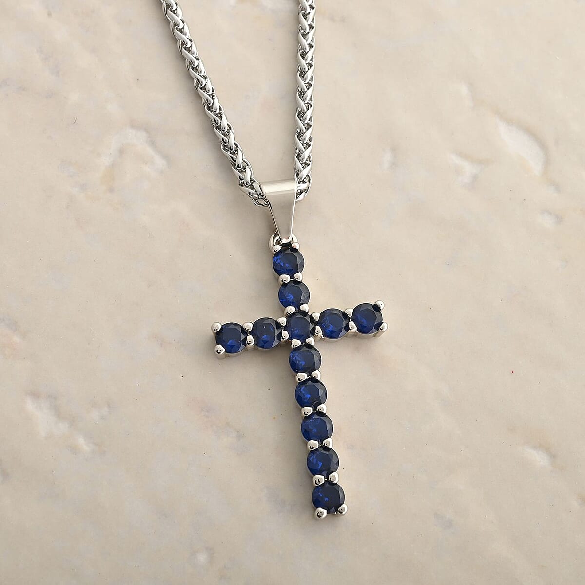 Simulated Blue Diamond Cross Pendant Necklace 20 Inches in Stainless Steel 3.25 ctw image number 1