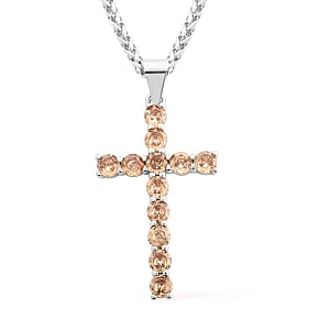 Simulated Champagne Diamond Cross Pendant Necklace 20 Inches in Stainless Steel 2.40 ctw