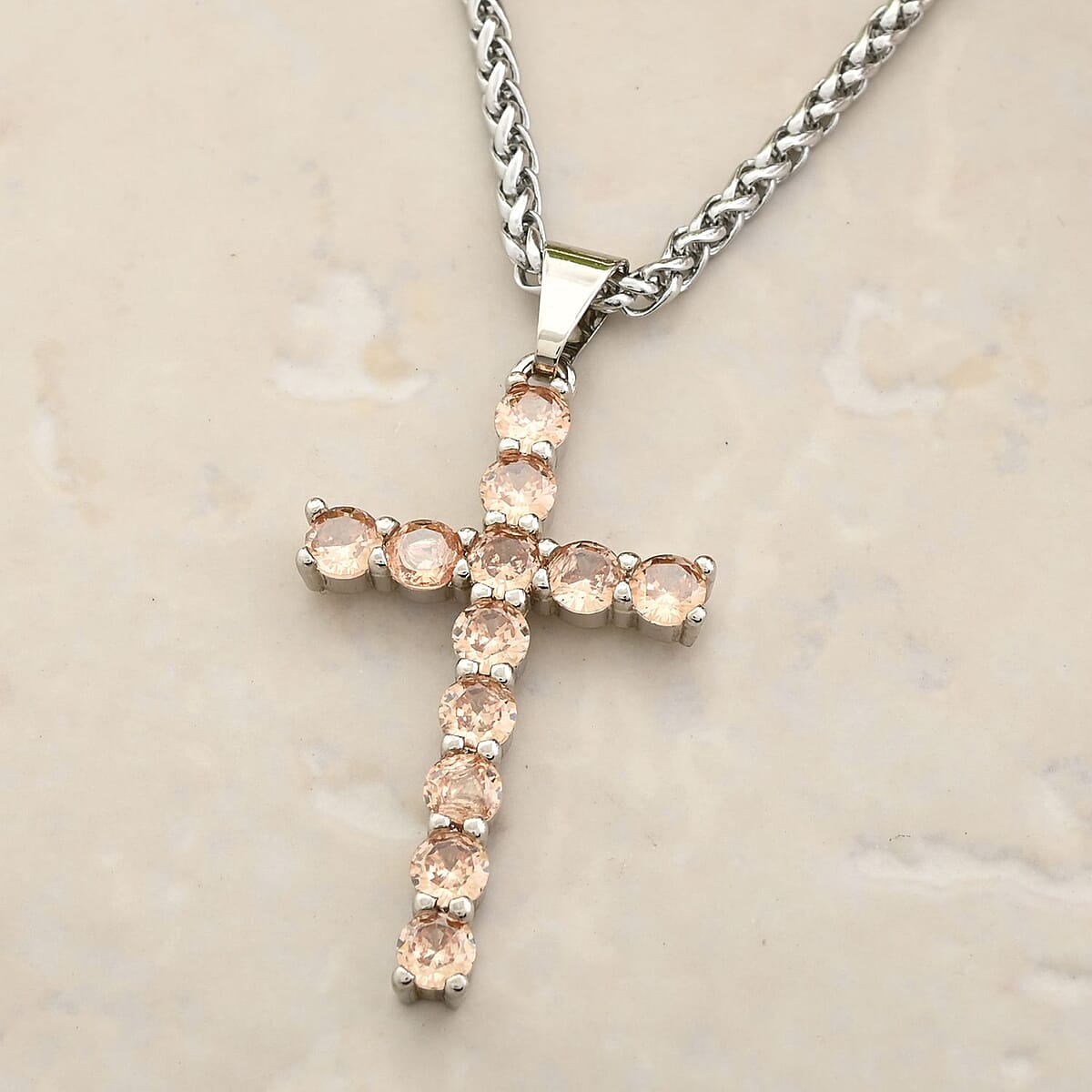Simulated Champagne Diamond Cross Pendant Necklace 20 Inches in Stainless Steel 2.40 ctw image number 1