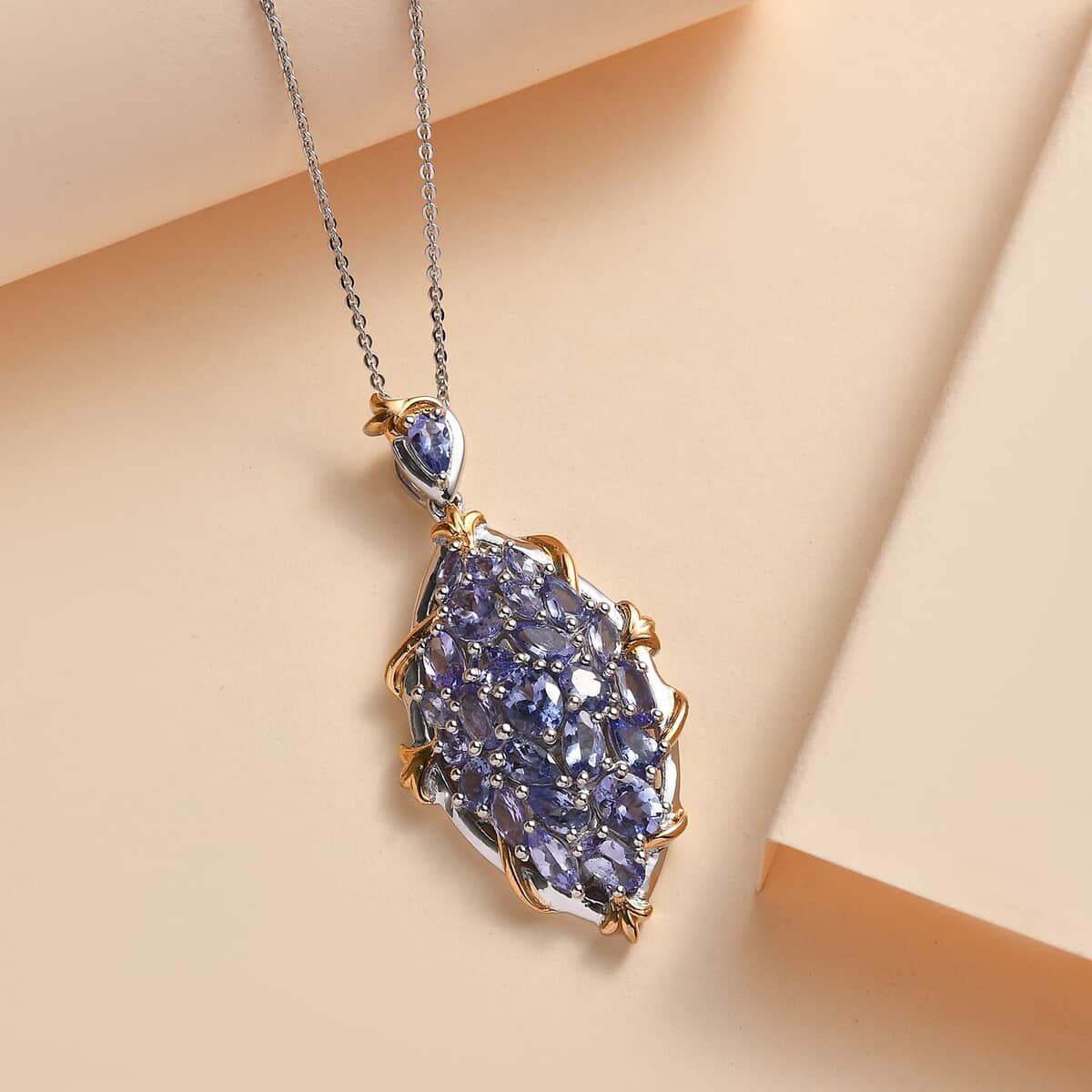 Tanzanite Elongated Pendant Necklace 20 Inches in 14K YG Over and Platinum Over Sterling Silver 4.65 ctw image number 1