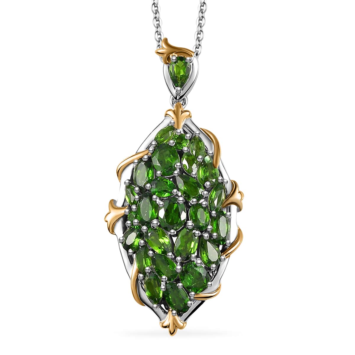 Chrome Diopside Elongated Pendant Necklace 20 Inches in Vermeil YG and Platinum Over Sterling Silver 5.10 ctw image number 0