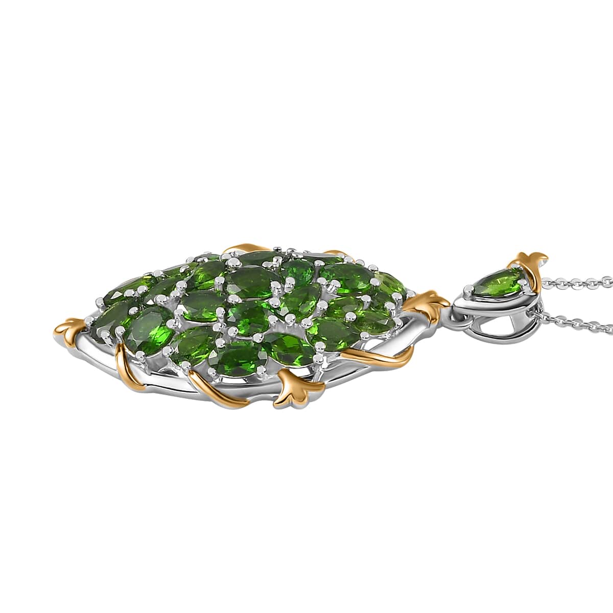 Chrome Diopside Elongated Pendant Necklace 20 Inches in Vermeil YG and Platinum Over Sterling Silver 5.10 ctw image number 3