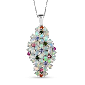 Premium Ethiopian Welo Opal and Multi Gemstone Pendant Necklace 20 Inches in Platinum Over Sterling Silver 5.20 ctw