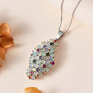 Premium Ethiopian Welo Opal and Multi Gemstone Pendant Necklace 20 Inches in Platinum Over Sterling Silver 5.20 ctw