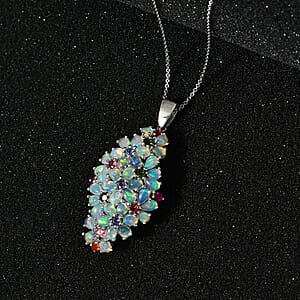 Premium Ethiopian Welo Opal and Multi Gemstone Pendant Necklace 20 Inches in Platinum Over Sterling Silver 5.20 ctw
