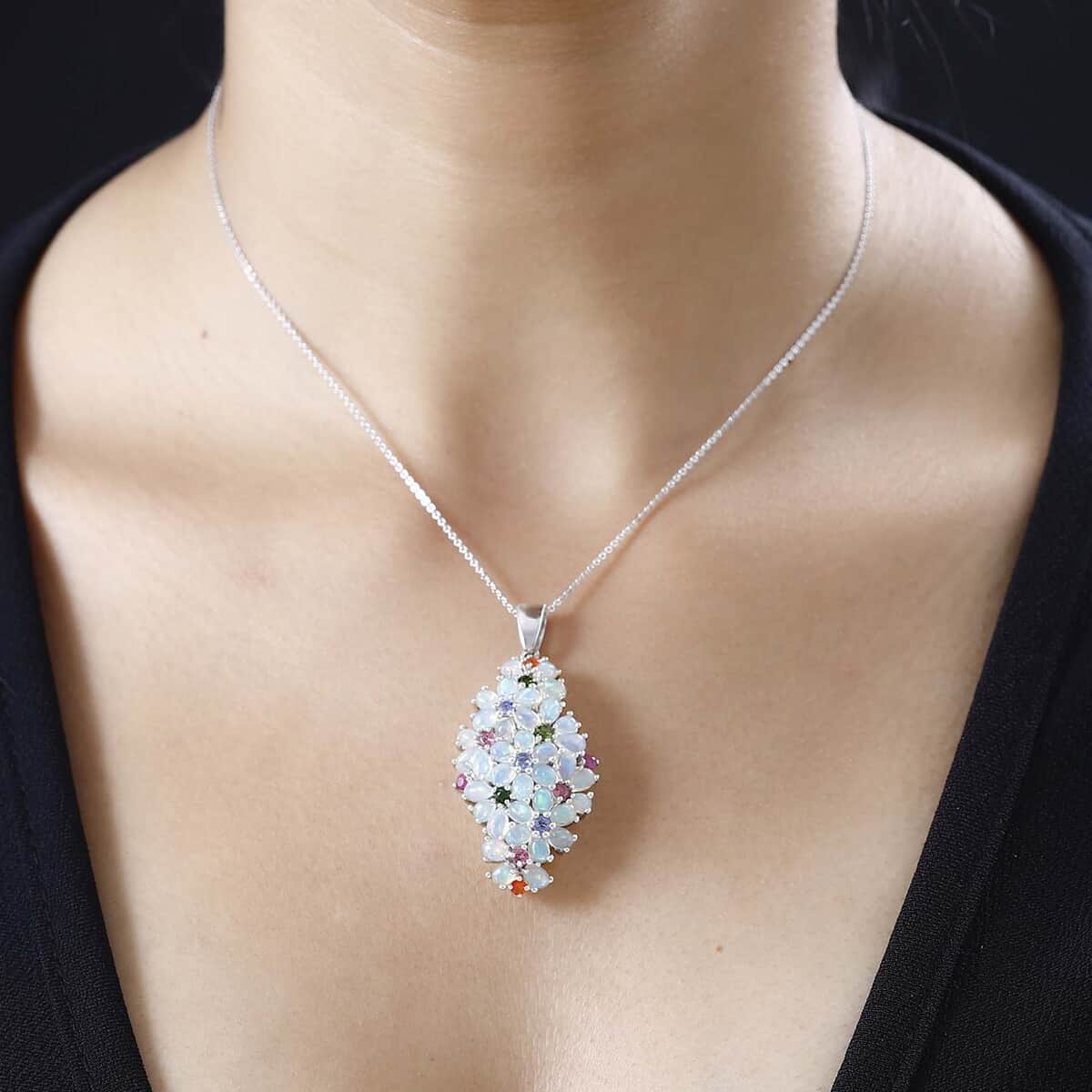 Premium Ethiopian Welo Opal and Multi Gemstone Pendant Necklace 20 Inches in Platinum Over Sterling Silver 5.20 ctw image number 3