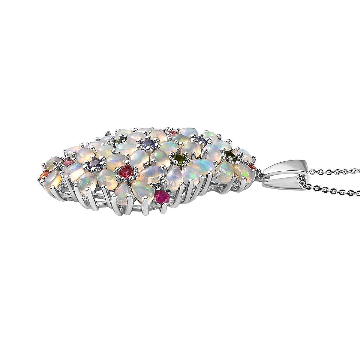 Premium Ethiopian Welo Opal and Multi Gemstone Pendant Necklace 20 Inches in Platinum Over Sterling Silver 5.20 ctw